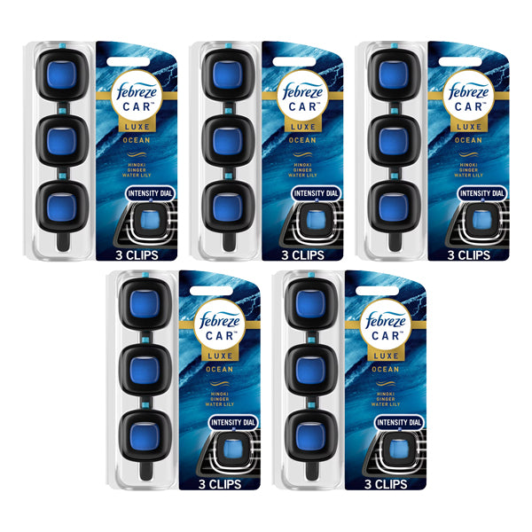 5 Pack - Febreze Car Air Freshener Vent Clip Ocean Scent 3 Count Each Febreze